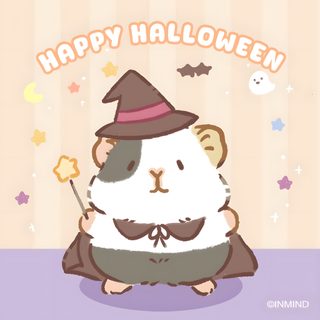 a cartoon hamster wearing a witches hat and holding a wand in its paws with the caption happy halloween Halloween Guinea Pig Hamster Japanese Anime, Japanese Hamster Character, Cute Animal Drawings Kawaii, antique white