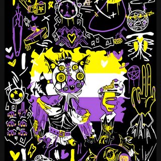 an abstract painting with yellow, purple and white colors on black background is featured in this image Nonbinary Halloween They Them, Enby Aesthetic, Pride Backgrounds, Nonbinary Art, Nonbinary Halloween, black
