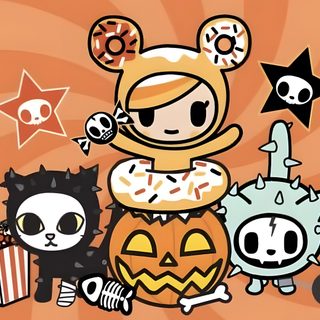 an image of some cartoon characters with pumpkins and donuts in front of them Tokidoki Halloween Ciao Ciao, Tokidoki Characters, Oki Doki, Soft Cell, Kawaii Halloween, peru