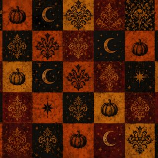 a checkerboard pattern with pumpkins, stars and crescents on the side Halloween Celtic Tiles Custom Halloween Horizontal, Gift Wrap Printable, Gothic Pattern, maroon