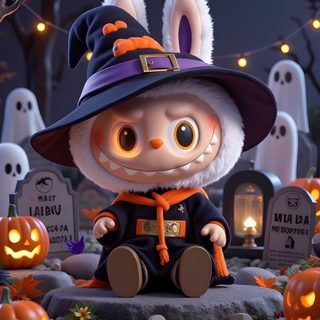 a little bunny dressed as a witch sitting in front of some tombstones and pumpkins Halloween Labubu Scary Labubu, Halloween Labubu Background, Labubu Pumpkin Painting, dark slate gray
