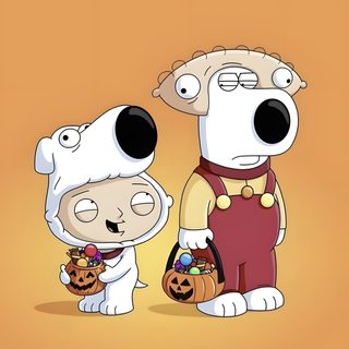two cartoon characters standing next to each other with pumpkins in their hands and one dog holding Family Guy Halloween Peter Griffin Halloween, Family Guy Ghost, Stewie Griffin Halloween, sandy brown