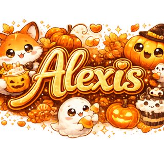 the word alex's surrounded by pumpkins and cats Halloween-themed Name ivory