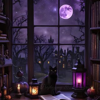 a cat sitting on top of a window sill next to a book and lantern Halloween Purple Cats Custom Witchy Scenery, Halloween Witchy, Spooky Witchy Background, dark slate gray