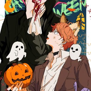 two anime characters with pumpkins and ghost faces in front of the camera, one holding his face up to his mouth Haikyuu Halloween Hinata X Kageyama Fanart, Halloween, Hinata Shoyo Halloween, dark olive green