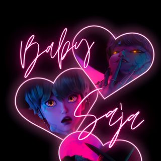 two people with neon lights in the shape of heart and text that says, baby boy Baby Saja Halloween Cute Kpop Demon Hunters, Baby Saja Halloween, Baby Saja Phone Backgrounds, black