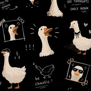 some white ducks are standing in front of a black background with words on it and an image of the same duck Halloween Duck black
