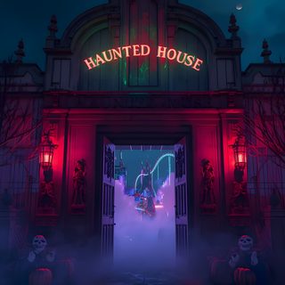 an entrance to a halloween themed house with lights on and fog in the air at night Halloween Haunted Hotel Dark Fantasy, Haunted House Attraction, Guy Selfies, Haunted House, midnight blue