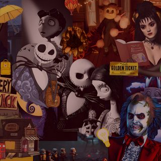 a collage of halloween characters including jack skellingy and the person in the background Tim Burton Halloween Whimsical Chromebook, High Quality For Desktop, Tim Burton Hd, dark slate gray