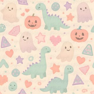 an image of a pattern with dinosaurs and pumpkins on the background for wallpaper Cute Halloween Dinosaur blanched almond