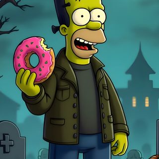 the simpsons is holding a donut in front of some pumpkins and trees at night Simpsons Halloween 4k Homer Simpson Photo, Bart Simpson Halloween, Simpsons Halloween Iphone, dark slate gray