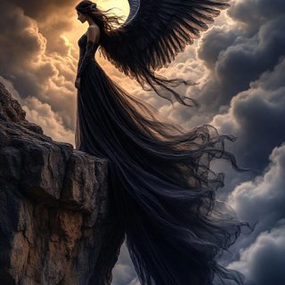 a woman standing on top of a cliff with an angel wings flying over her head Halloween Angel Thunder Angel, Blue Angel Photos, Blue Angle, Angel With Lightning, dark slate gray