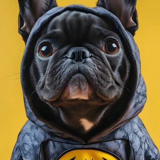a small dog dressed up in a batman costume with his ears sticking out and eyes wide open Halloween French Bulldog Frenchie, Iphone French Bulldog, French Bulldog Iphone, dark olive green