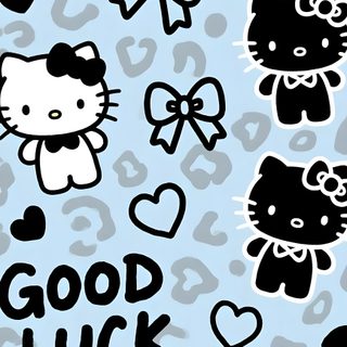 hello kitty wallpaper with the words good luck written in black and white on a blue background Blue Hello Kitty Halloween Gold Hello Kitty, Light Blue Hello Kitty, Blue Hello Kitty Y2k,