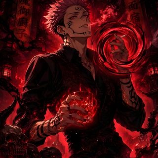 an anime character holding a ball in front of a red background with skulls and other demonic creatures Sukuna Halloween black