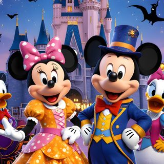 mickey and minnie mouse in front of a castle with fireworks on the sky behind them Mickey And Friends Halloween Backgrounds dark slate blue