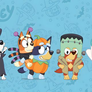 five cartoon characters standing in front of a blue background Bluey And Bingo Halloween Cool For Pc, Kawaii, Pc, Phone Backgrounds, Cool, Bingo, sky blue