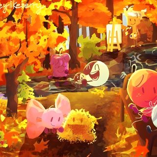 three cartoon characters are sitting in the woods with autumn leaves around them and one is holding a basket Bfdi Halloween Bfdi Season 1 Background, Ii2 Background, Bfb Christmas Fanart, Bfb Forest, chocolate