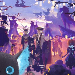 an image of a black cat surrounded by other cats and witches in the background with lights strung from above Twisted Wonderland Halloween Twst Pc, Twst Halloween, Twisted Wonderland Diasomnia Background, dark slate blue