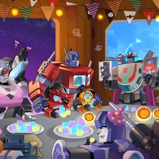 an image of a room filled with lots of toys and decorations on the table in front of a window Transformers Halloween Transformers Anniversary, Transformers Allspark, Transformers Thanksgiving Images, dim gray