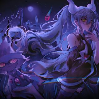 an anime character with long white hair sitting on the ground in front of other characters Halloween Miku Pc, Hatsune Miku, Ghost, Fan Art, midnight blue