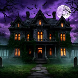 a creepy house with bats flying over it Halloween Landscape Format Mystic Illustration, Abandoned Mansion, Game Store, dark slate gray