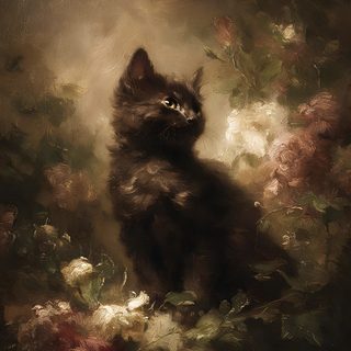 a painting of a black cat sitting in the middle of some flowers and looking up Aesthetic Halloween Flower Abstract Painting Cat, Drawing Cat Black, Dark Academia Aesthetic Background, dark slate gray
