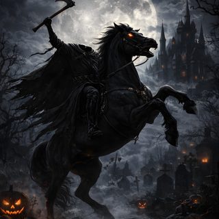 a horse that is standing on its back legs in front of a castle with pumpkins Halloween Headless Horseman Sleepy Hollow Tim Burton, Sleepy Hollow Headless Horseman, The Legend Of Sleepy Hollow, black