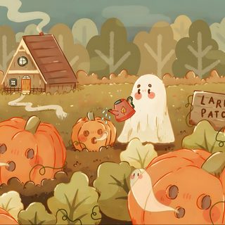 there are many pumpkins in the field Halloween Pumpkin Patch Cute Fall Art Drawings, Cute Halloween Landscape, Autumn Themed Cartoon Art, peru