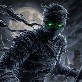 a creepy creature with green eyes standing in front of a full moon and cityscape Halloween Mummies Creative Logo, Scary Mummy, Fond D Ecran, Free Download, Mummy Background, dark slate gray