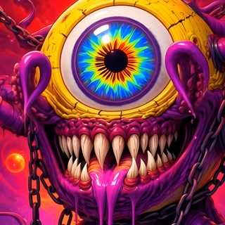 an evil looking monster with chains around it's neck and eyes, in front of a Halloween Cyclops brown