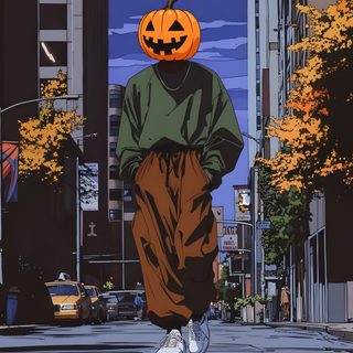a person walking down the street with a pumpkin on their head Halloween Boy Halloween 2k, Halloween Portrait, Aesthetic Halloween Boys, Art Halloween, dark olive green