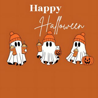 an orange background with three cartoon ghostes holding pumpkins and the words happy halloween Happy Halloween Aesthetic Fall Backgrounds Iphone, Halloween Live, Holiday Iphone, Paw, chocolate