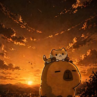 a cartoon character sitting on top of a hill under a cloudy sky with the sun setting Cute Capybara Halloween Capybara And Cat, Capybara, Capybara Iphone, Iphone Icon, Girl, Black,