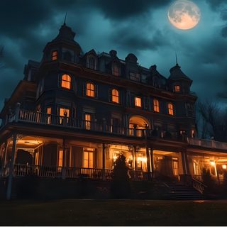 a large house lit up at night with the moon in the sky Halloween Haunted Hotel Ghost Hotel, Spooky Hotel, Mysterious Spooky Mansion, Haunted Hotel Exterior, black