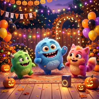 an animated scene with monsters and pumpkins Halloween Monsters dark olive green