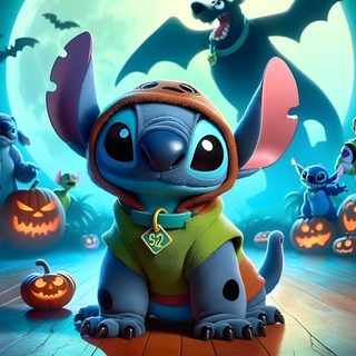 the characters from disney's halloween movies are sitting in front of pumpkins and bats Stitch Halloween Desktop Mickey Mouse Art, Mickey Mouse, dark slate gray