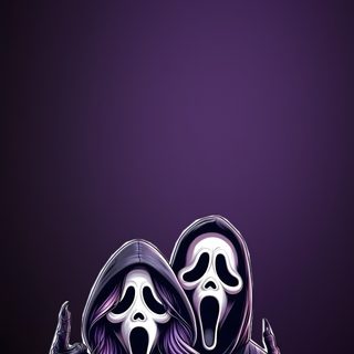 two people with long hair and masks on their faces, one wearing a hoodie Purple Halloween Boo Ghost Face With Pink Phone, Ghostface Pfp Pink, Pink Ghost Face Aesthetic, midnight blue