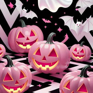 halloween pumpkins with bats and ghost on black and white chevron background, 3d illustration 3d Halloween indian red