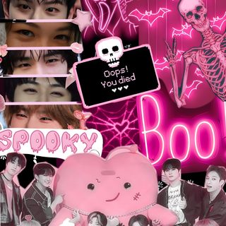 the collage has been altered to look like it is being used as a poster Halloween Stray Kids Pink Kpop Demon Hunters, Halloween Backgrounds, Cute Skz, Halloween, indian red