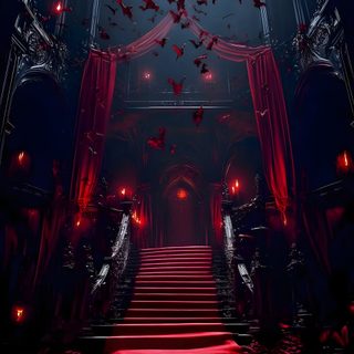 a red carpeted hall with bats flying in the air and on the floor is a staircase leading up to an entrance Halloween Vampire Background Red Background, Book Background, Dark Art Drawings, Vampire Castle, black