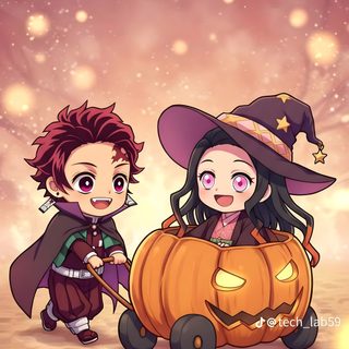 two children dressed up as witches and pumpkins Halloween Demon Slayer Demon Slayer, Anime Demon, Sonic, Anime, Dibujos Bonitos, Halloween, indian red