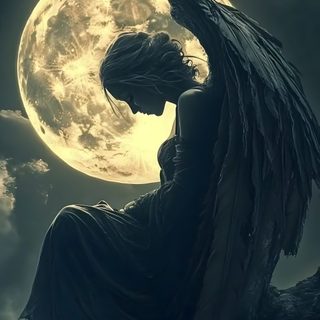 an angel sitting on top of a rock with the moon in the background Halloween Angel Angel Iphone, Angle, Fallen Angel Art, Cool Angel, Night Angel, dark slate gray