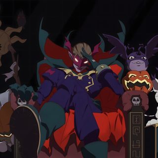 an animated character surrounded by other characters Digimon Halloween Digimon Vampire, Diaboromon Digimon, Digimon Diaboromon, Digimon Jester, black