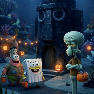 spongebob and friends in front of a house with pumpkins on the ground Spongebob Halloween 4k dark slate gray