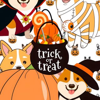 a group of dogs in halloween costumes with pumpkins and jack - o'- lanterns Halloween Corgi Pattern Halloween Corgi Drawing, Candy Corn Corgi, Thanksgiving Corgi, coral