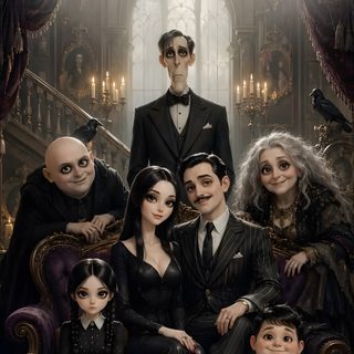 a group of people sitting on top of a couch in front of a staircase with an evil man Halloween Family Cameos Adams Family, Princess Book, Tim Burton Films, The Munsters, dark slate gray