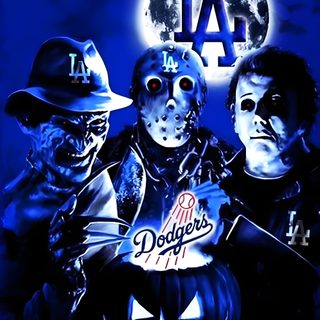 the los angeles dodgers halloween poster with three men in masks and one is holding a jack - o'- lantern Dodgers Halloween Raiders Lakers Dodgers, Dodgers And Raiders, La Dodgers Skull, midnight blue