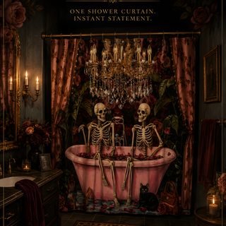 a bathroom with two skeletons sitting in the tub Halloween Themed Bathroom black