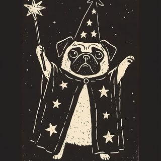 a black and white drawing of a pug wearing a wizard's hat holding a wand Halloween Pug Halloween Pug, Pug Design, Halloween Pug Background, Pug Halloween Drawing, black
